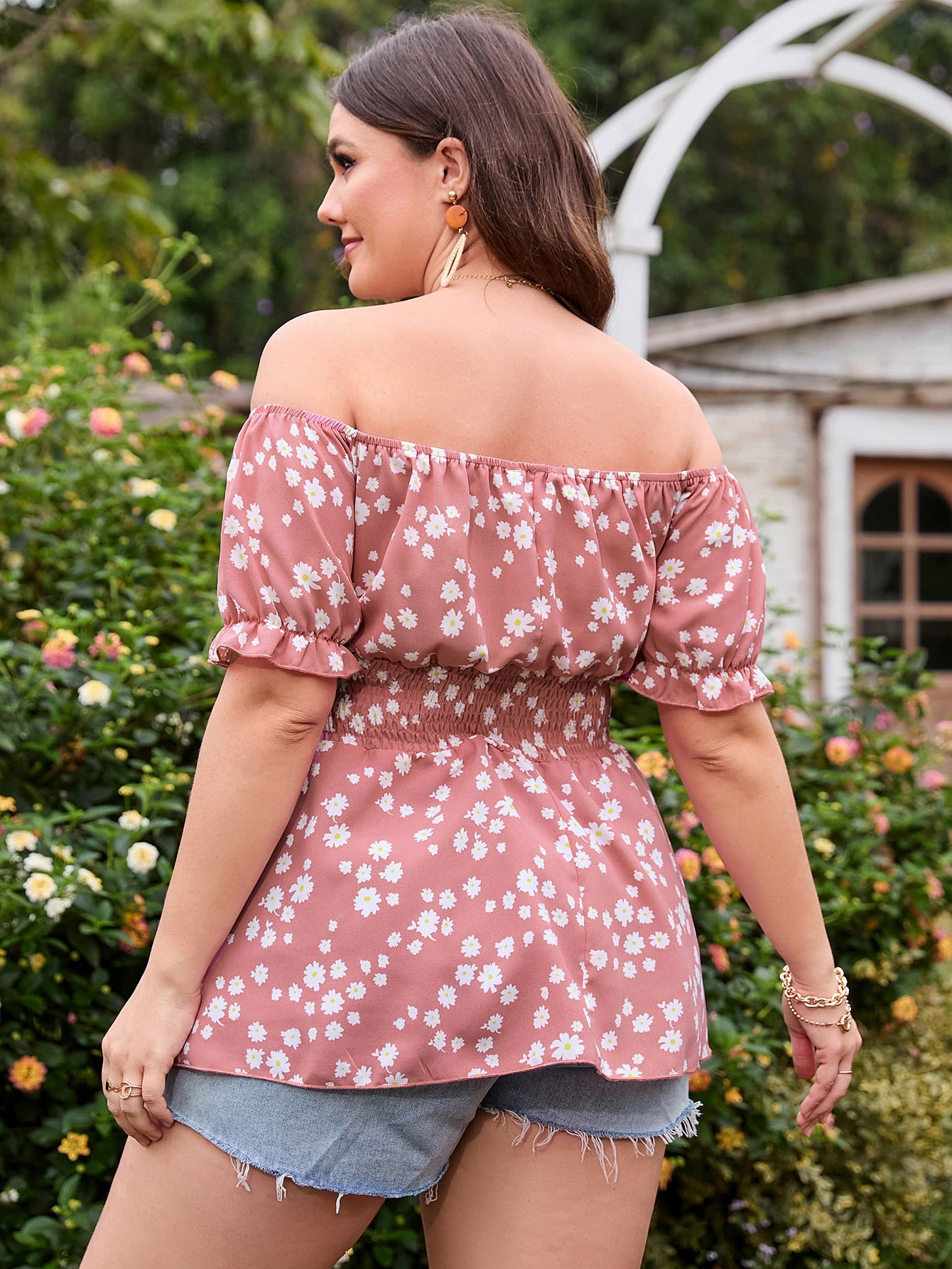 Plus Size 4XL Peplum Tunic Blouse Tops for Women Off Shoulder Pink Floral Print T-shirts Casual Summer 2023 Curvy Clothing