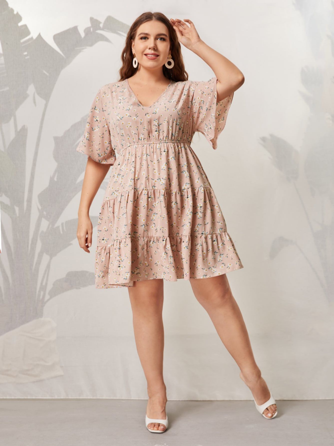 Plus Size Pink Midi Dress Women Floral Print Ruffles Sleeve 2022 Summer Autumn Casual Oversized 4XL Elegant Loose Dresses