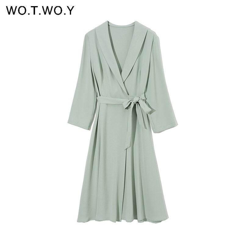 WOTWOY Elegant High Waist Belted Chiffon Dress Women Spring V-Neck Long Sleeve A Line Dress Women Solid Slim Mid-Calf Dress Lady