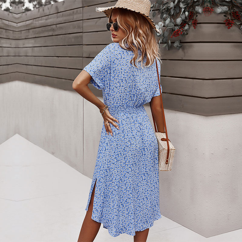 Women Floral Dress 2023 Summer Casual Short Sleeve Button Holiday Midi Dresses Female V-Neck Beach Boho Chic Dress Elegant Robe