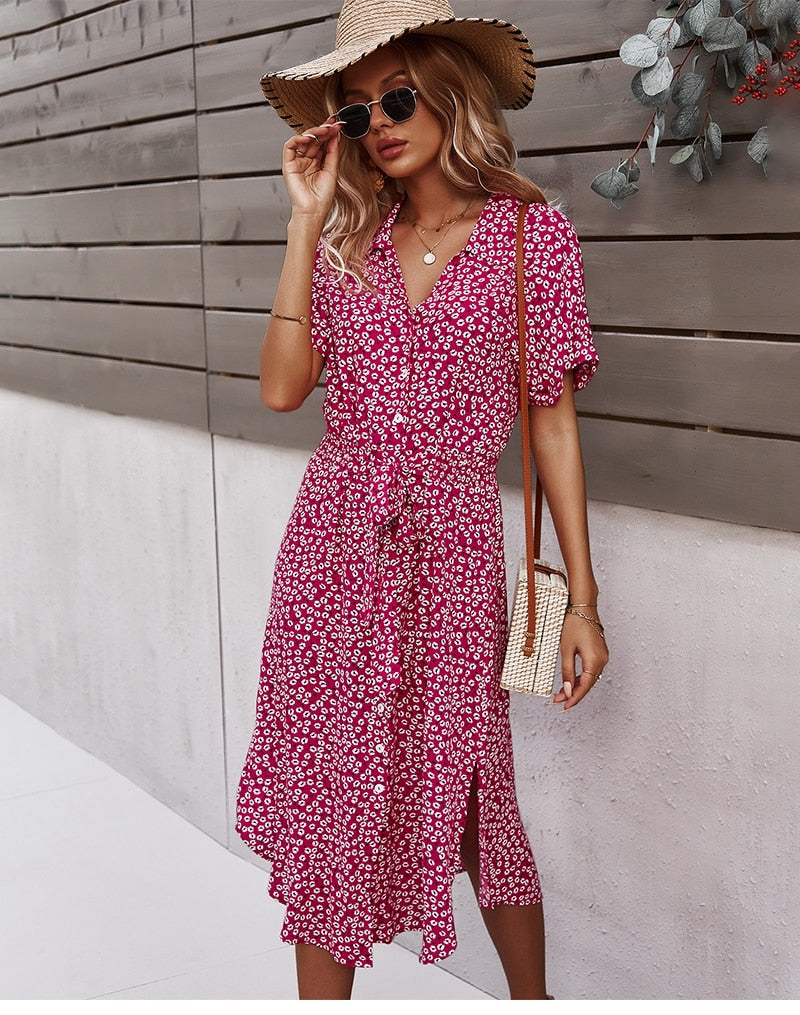 Women Floral Dress 2023 Summer Casual Short Sleeve Button Holiday Midi Dresses Female V-Neck Beach Boho Chic Dress Elegant Robe