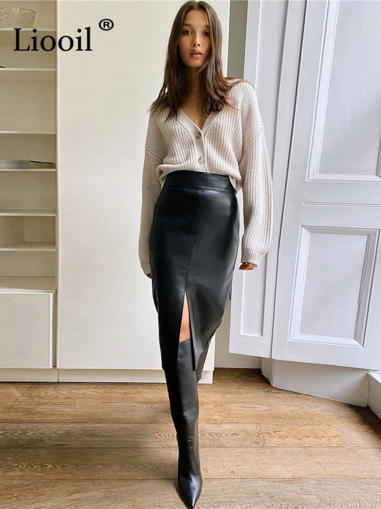 Women Faux Leather Slit Pencil Office Skirt Autumn 2022 New Spring Streetwear High Waist Black Brown Sexy Bodycon Midi Skirts