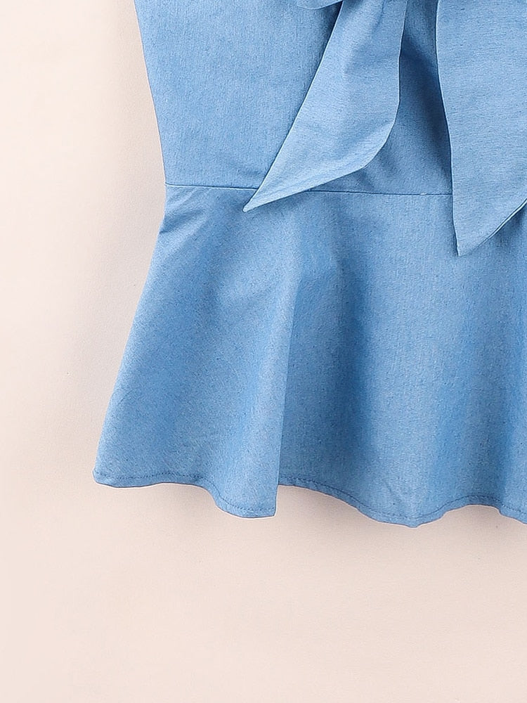 Finjani Tie Front Ruffle Hem Solid Denim Cami Top Plus Size Women's Sexy Shoulder Crop Bustier Cami