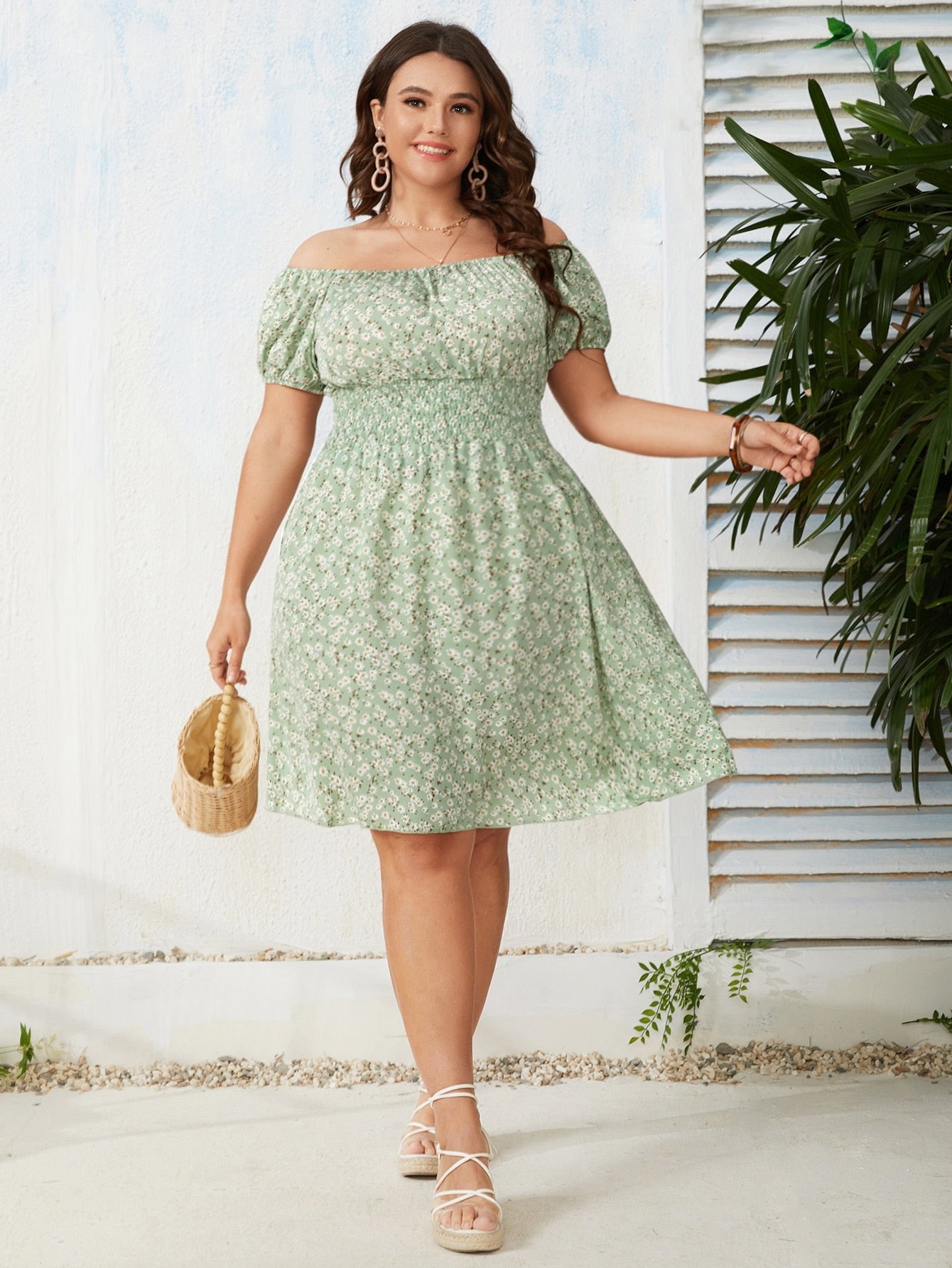 Plus Size 4XL Floral Print Dress for Women Off Shoulder Casual Elegant Midi Green Dresses 2022 Summer Autumn Loose Clothing