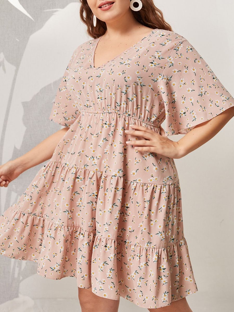Plus Size Pink Midi Dress Women Floral Print Ruffles Sleeve 2022 Summer Autumn Casual Oversized 4XL Elegant Loose Dresses