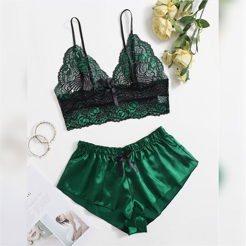 5 Styles Lingerie Sexy Bra Set Women's Sleepwear Sleeveless Strap Lace Trim Satin Cami Tops Pajama Sets Bras Women Brief Sets