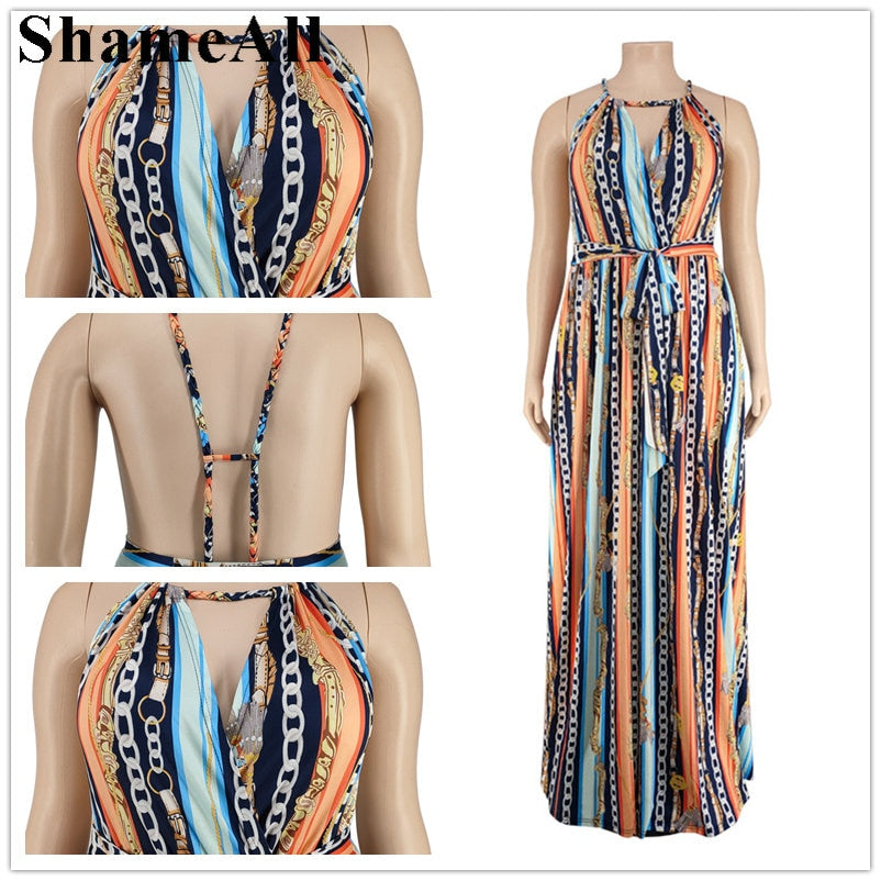 Plus Size Vintage Chain Striped Spaghetti Strap Beach Dress 4XL Summer Sexy Sleeveless Backless Belted Loose Long Maxi Dresses