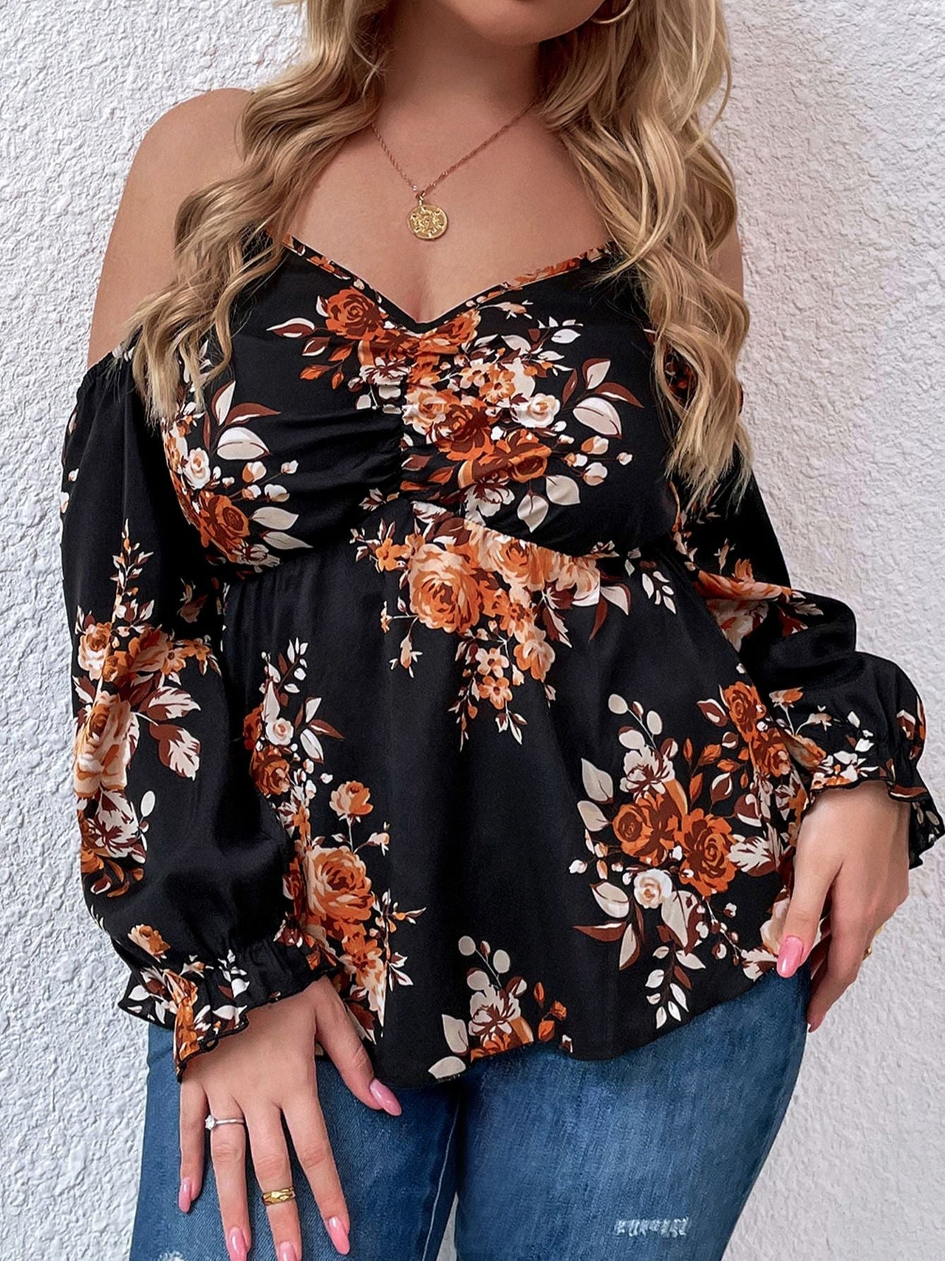 Plus Size Peplum Tops Women Autumn 2022 Floral Print Off Shoulder Clothing 4XL Elegant T Shirts Oversized Long Sleeve Blouses
