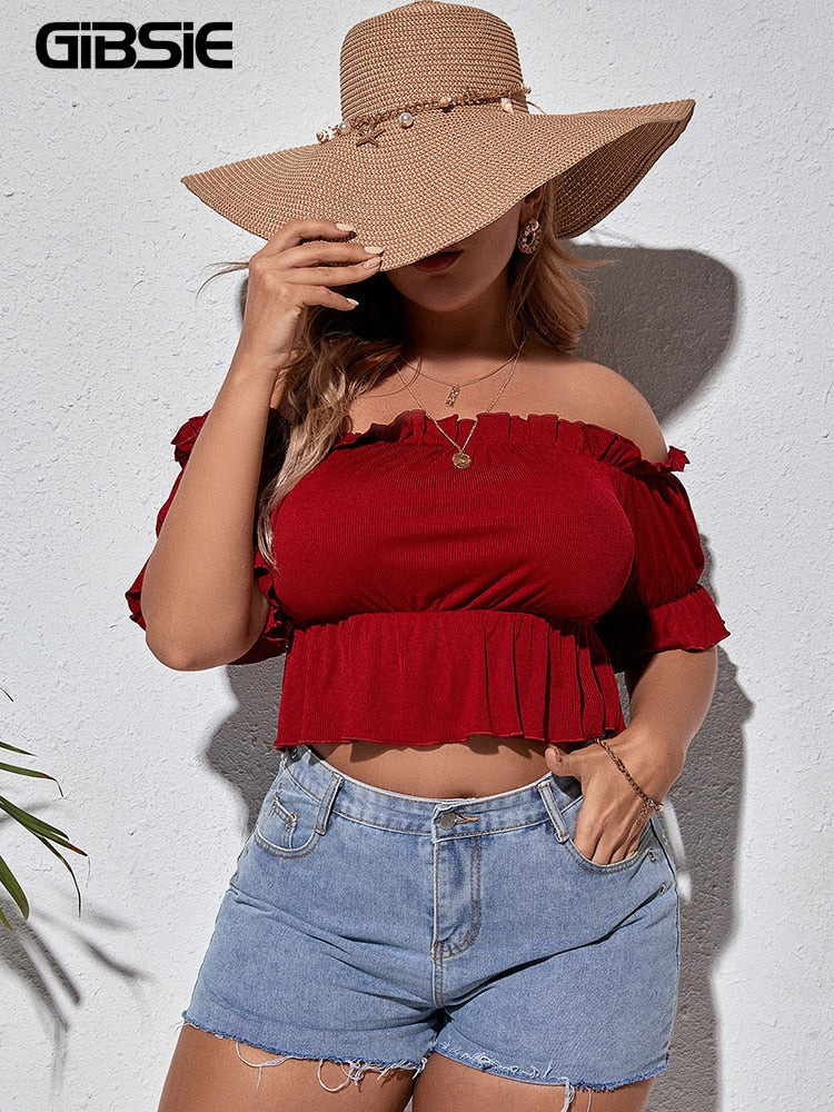 GIBSIE Plus Size Flounce Sleeve Off Shoulder Peplum Top Blouse Women Sweet Casual Summer Short Sleeve Crop Tops Female 3xl 4xl
