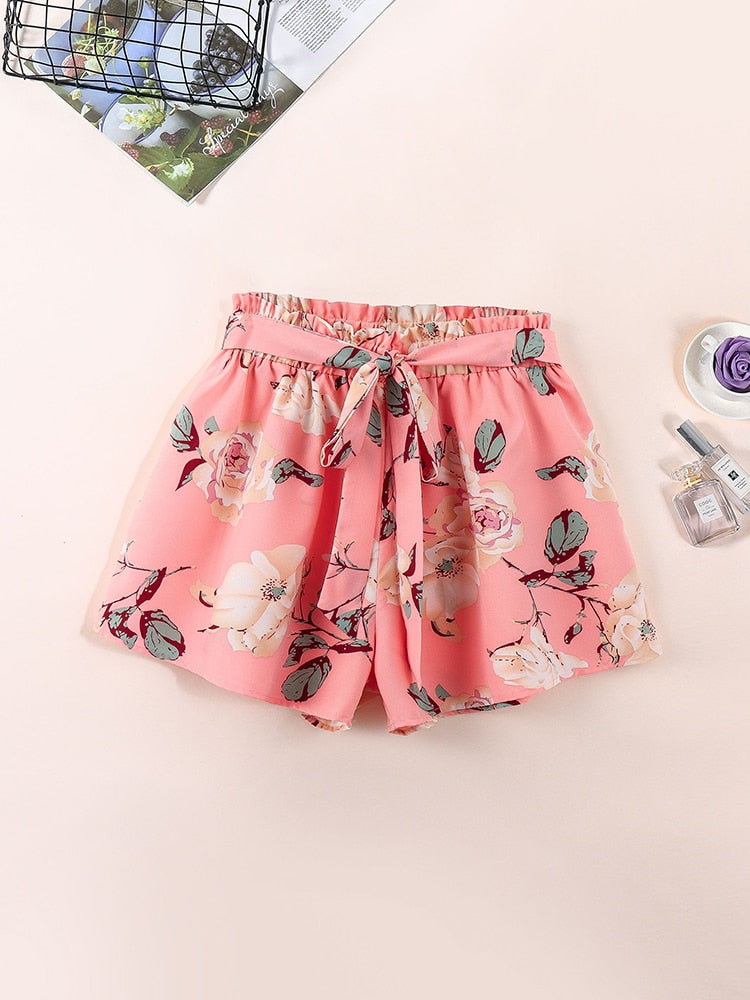 Finjani Allover Floral Print Paperbag Waist Belted Shorts Plus Size Women's Loose And Casual Summer Outfit
