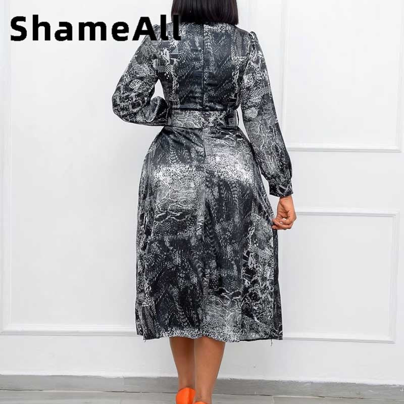Women Plus Size Snake Skin Print Bow Tie Long Sleeve Midi Long Dress 4XL Summer High Waist with Belt African Satin Rayon Robes