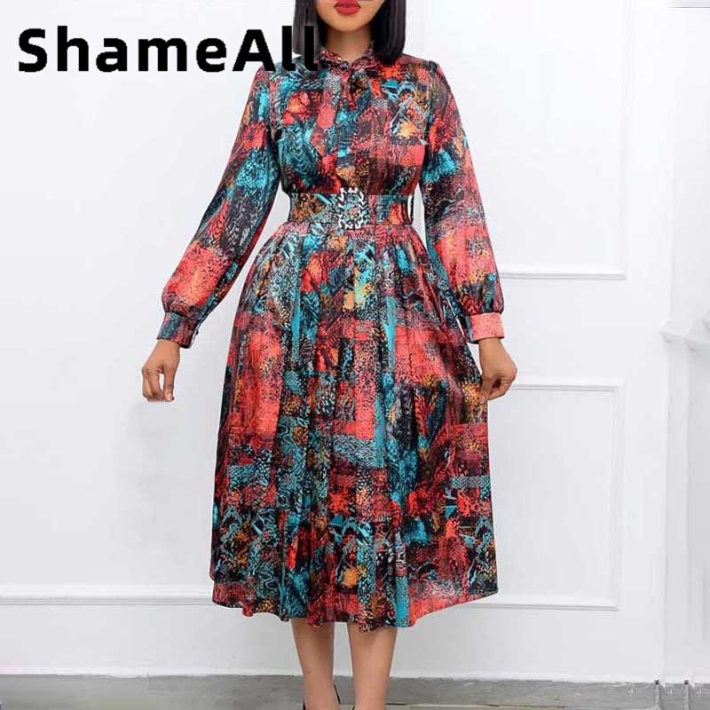 Women Plus Size Snake Skin Print Bow Tie Long Sleeve Midi Long Dress 4XL Summer High Waist with Belt African Satin Rayon Robes