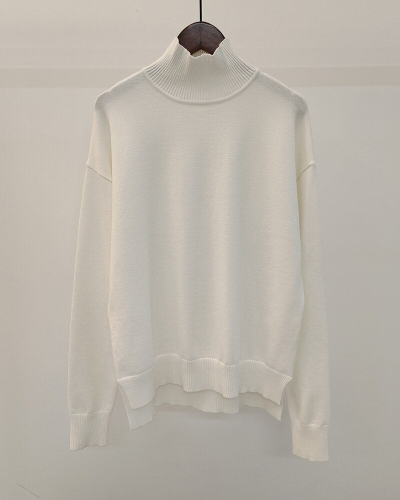 WOTWOY Knitted 2 Piece Turtleneck Sweater Wide Leg Pants Set Women Autumn Winter Long Sleeve White Pullovers Female Trousers Trf