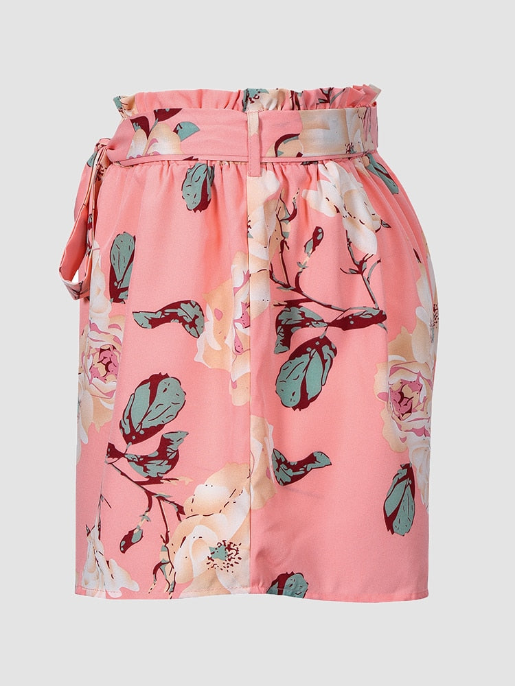 Finjani Allover Floral Print Paperbag Waist Belted Shorts Plus Size Women's Loose And Casual Summer Outfit