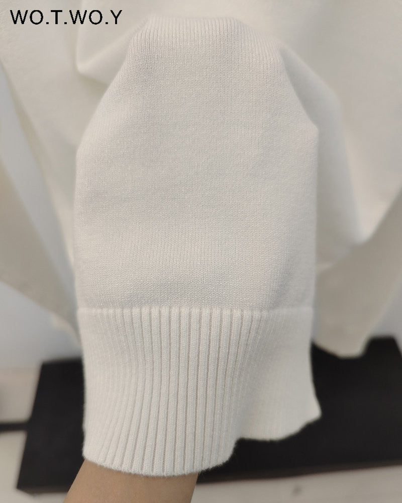 WOTWOY Knitted 2 Piece Turtleneck Sweater Wide Leg Pants Set Women Autumn Winter Long Sleeve White Pullovers Female Trousers Trf