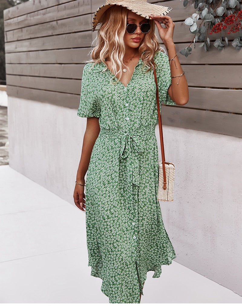 Women Floral Dress 2023 Summer Casual Short Sleeve Button Holiday Midi Dresses Female V-Neck Beach Boho Chic Dress Elegant Robe