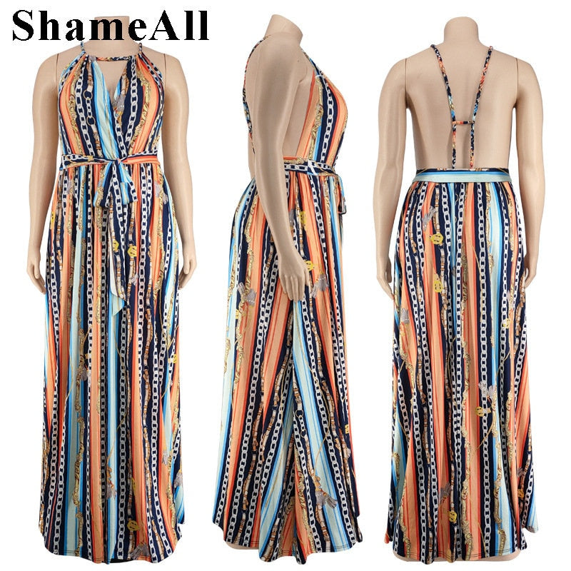 Plus Size Vintage Chain Striped Spaghetti Strap Beach Dress 4XL Summer Sexy Sleeveless Backless Belted Loose Long Maxi Dresses