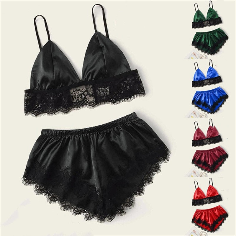 5 Styles Lingerie Sexy Bra Set Women's Sleepwear Sleeveless Strap Lace Trim Satin Cami Tops Pajama Sets Bras Women Brief Sets