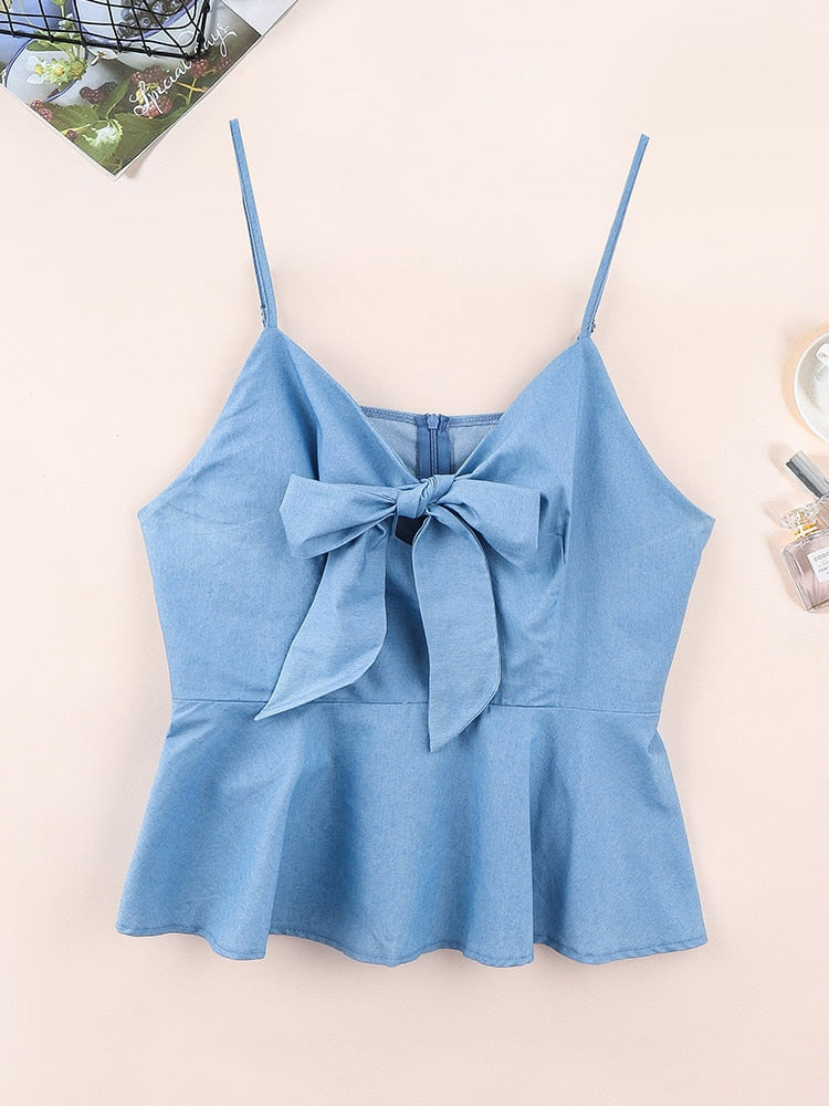 Finjani Tie Front Ruffle Hem Solid Denim Cami Top Plus Size Women's Sexy Shoulder Crop Bustier Cami