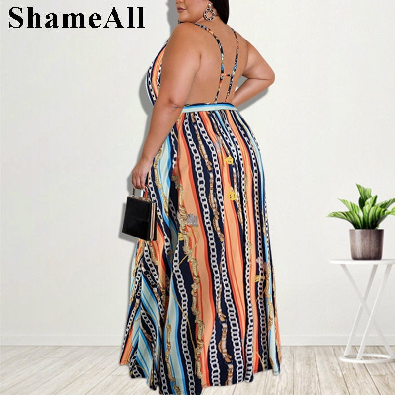 Plus Size Vintage Chain Striped Spaghetti Strap Beach Dress 4XL Summer Sexy Sleeveless Backless Belted Loose Long Maxi Dresses