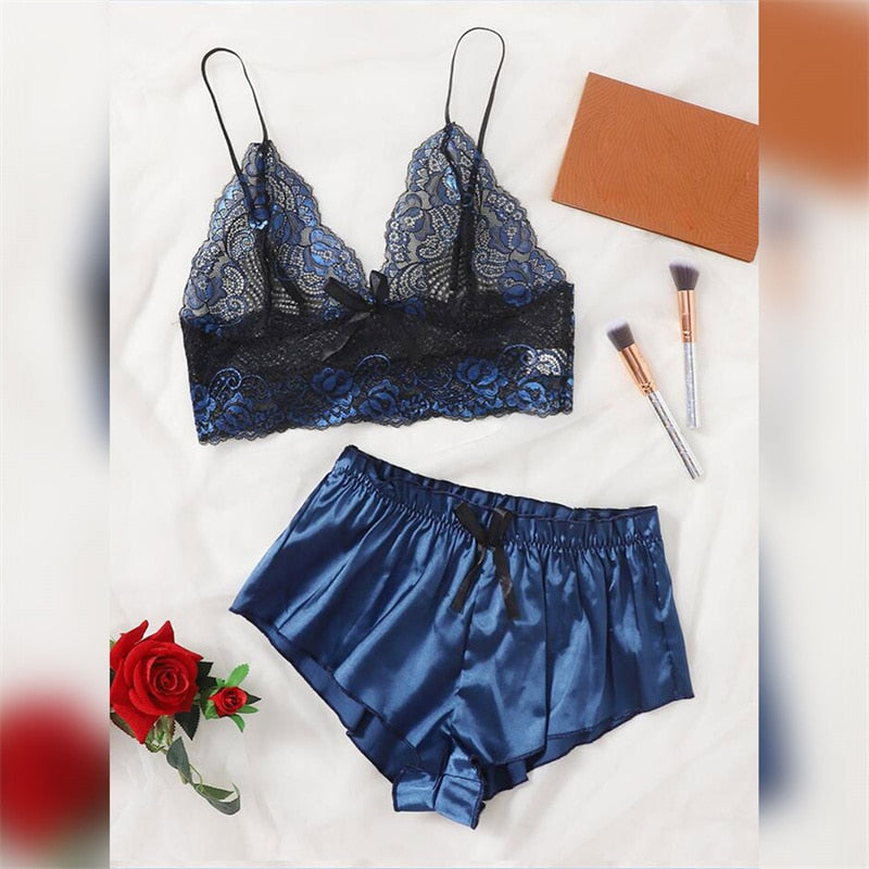 5 Styles Lingerie Sexy Bra Set Women's Sleepwear Sleeveless Strap Lace Trim Satin Cami Tops Pajama Sets Bras Women Brief Sets