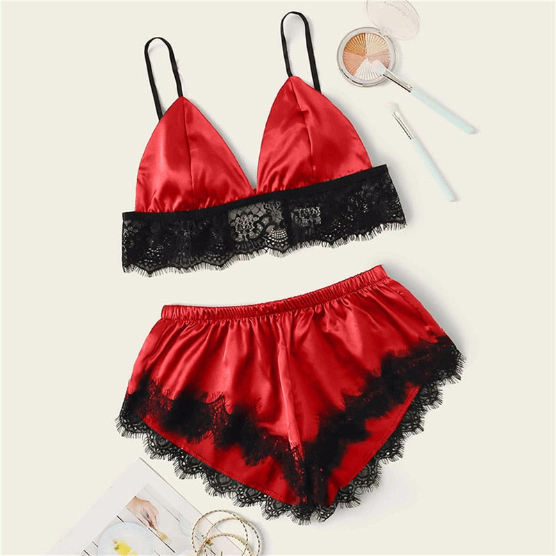 5 Styles Lingerie Sexy Bra Set Women's Sleepwear Sleeveless Strap Lace Trim Satin Cami Tops Pajama Sets Bras Women Brief Sets