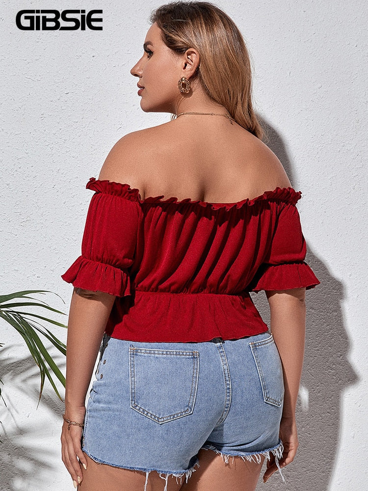 GIBSIE Plus Size Flounce Sleeve Off Shoulder Peplum Top Blouse Women Sweet Casual Summer Short Sleeve Crop Tops Female 3xl 4xl