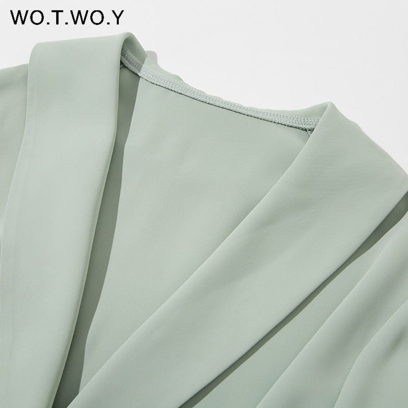 WOTWOY Elegant High Waist Belted Chiffon Dress Women Spring V-Neck Long Sleeve A Line Dress Women Solid Slim Mid-Calf Dress Lady