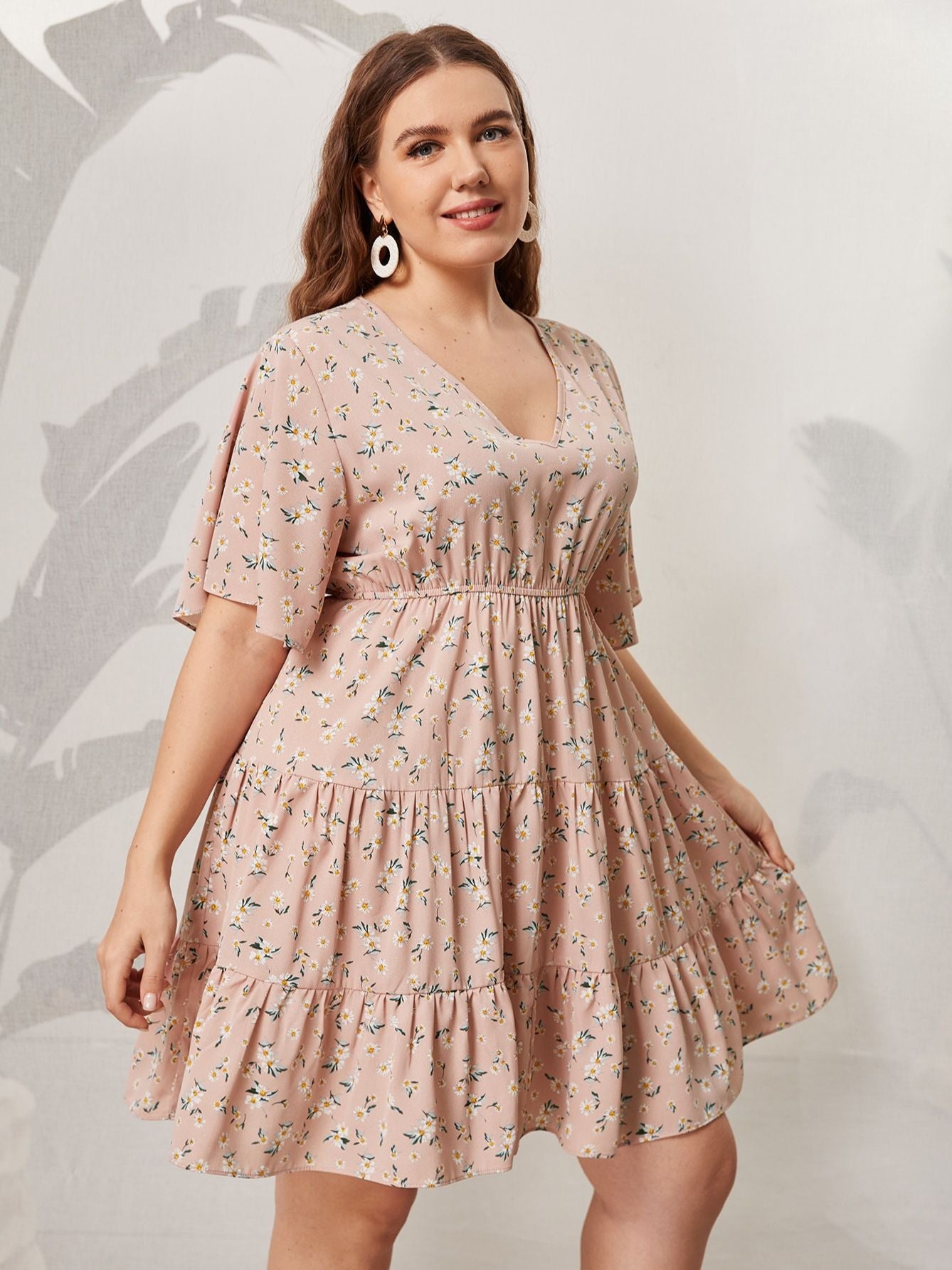 Plus Size Pink Midi Dress Women Floral Print Ruffles Sleeve 2022 Summer Autumn Casual Oversized 4XL Elegant Loose Dresses