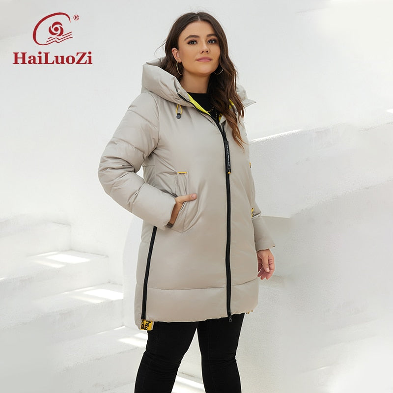 HaiLuoZi 2022 New Winter Women&#39;s Jacket Plus Size Pocket Thick Windproof Cotton Parka Warm Hooded Female Outwear Women Coat 87-2