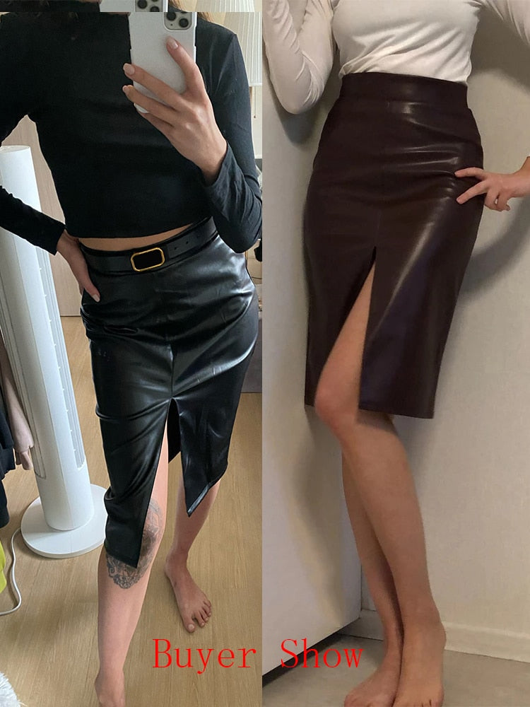 Women Faux Leather Slit Pencil Office Skirt Autumn 2022 New Spring Streetwear High Waist Black Brown Sexy Bodycon Midi Skirts