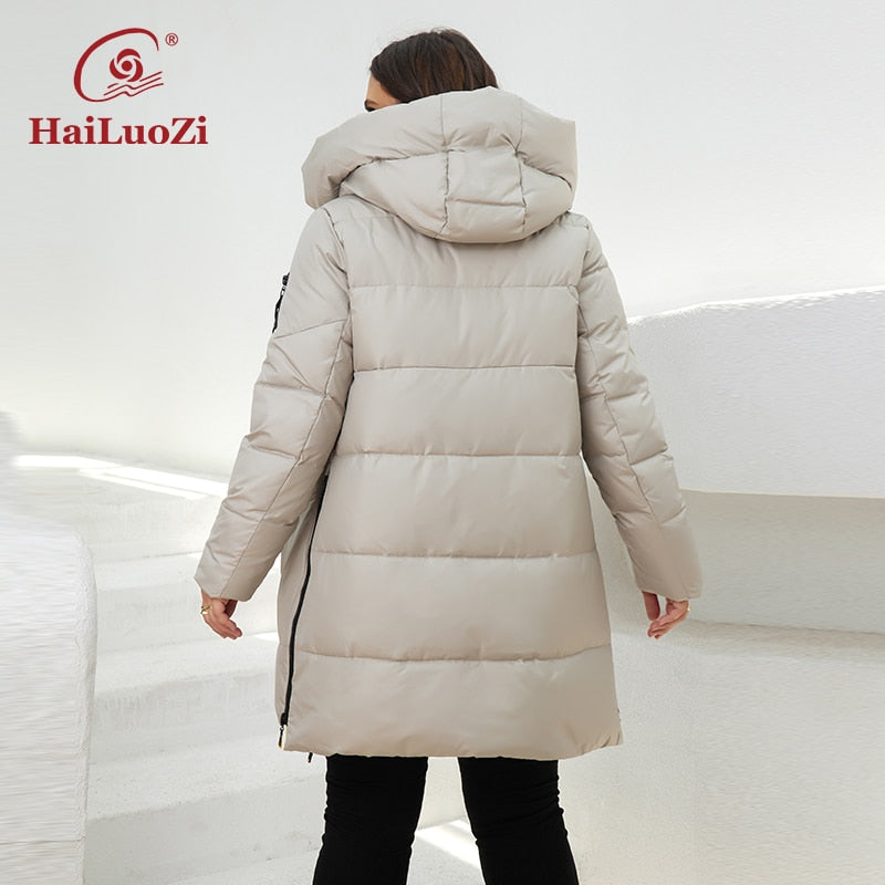 HaiLuoZi 2022 New Winter Women&#39;s Jacket Plus Size Pocket Thick Windproof Cotton Parka Warm Hooded Female Outwear Women Coat 87-2