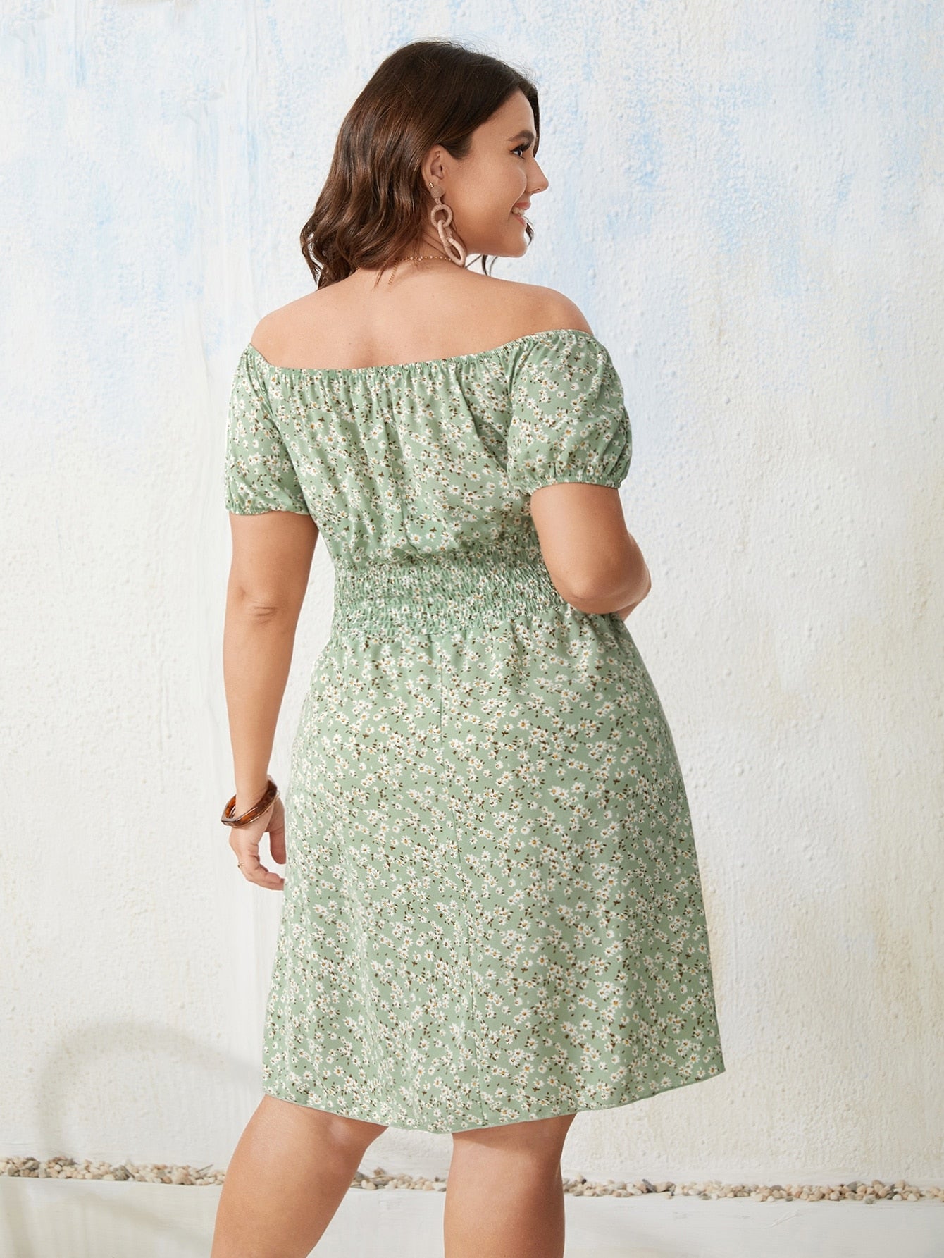 Plus Size 4XL Floral Print Dress for Women Off Shoulder Casual Elegant Midi Green Dresses 2022 Summer Autumn Loose Clothing
