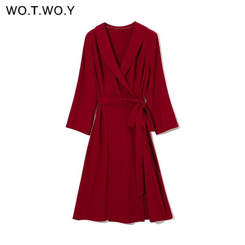 WOTWOY Elegant High Waist Belted Chiffon Dress Women Spring V-Neck Long Sleeve A Line Dress Women Solid Slim Mid-Calf Dress Lady