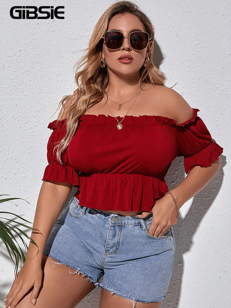 GIBSIE Plus Size Flounce Sleeve Off Shoulder Peplum Top Blouse Women Sweet Casual Summer Short Sleeve Crop Tops Female 3xl 4xl