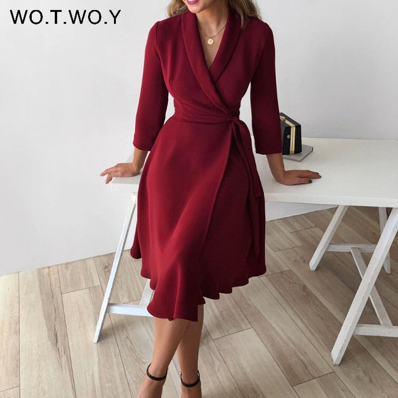 WOTWOY Elegant High Waist Belted Chiffon Dress Women Spring V-Neck Long Sleeve A Line Dress Women Solid Slim Mid-Calf Dress Lady