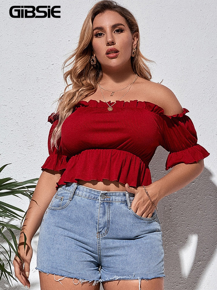 GIBSIE Plus Size Flounce Sleeve Off Shoulder Peplum Top Blouse Women Sweet Casual Summer Short Sleeve Crop Tops Female 3xl 4xl