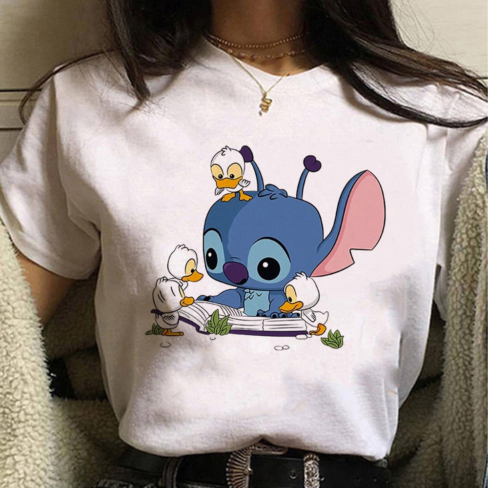 Disney Women T-shirts Cute Funny Groot and Stitch Print Fashion Instagram Femme Vetement Soft Cute Summer T Shirt for Girls