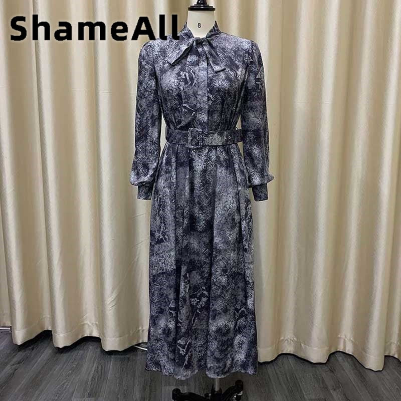 Women Plus Size Snake Skin Print Bow Tie Long Sleeve Midi Long Dress 4XL Summer High Waist with Belt African Satin Rayon Robes