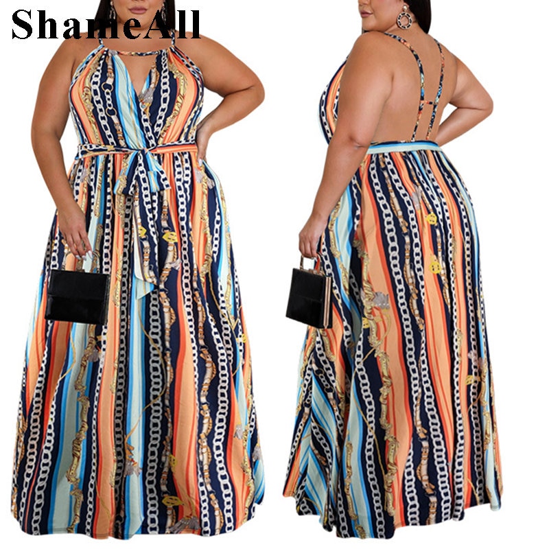 Plus Size Vintage Chain Striped Spaghetti Strap Beach Dress 4XL Summer Sexy Sleeveless Backless Belted Loose Long Maxi Dresses