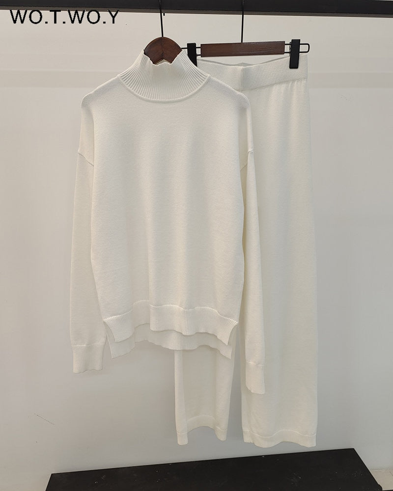 WOTWOY Knitted 2 Piece Turtleneck Sweater Wide Leg Pants Set Women Autumn Winter Long Sleeve White Pullovers Female Trousers Trf