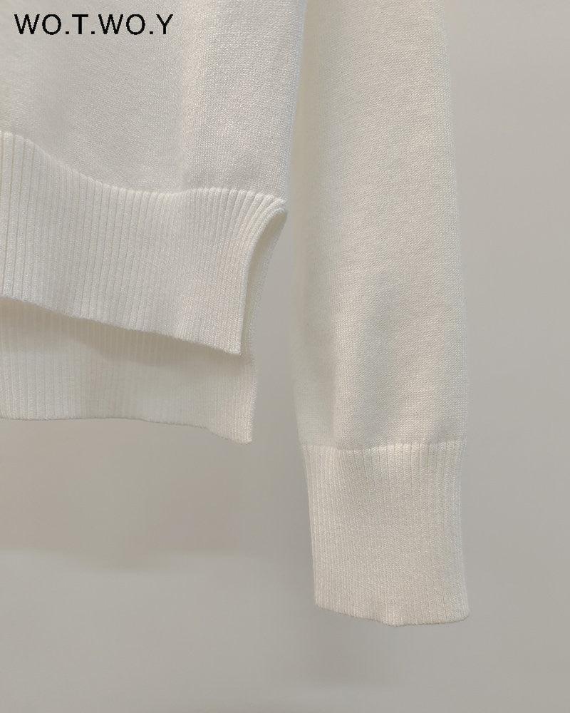 WOTWOY Knitted 2 Piece Turtleneck Sweater Wide Leg Pants Set Women Autumn Winter Long Sleeve White Pullovers Female Trousers Trf