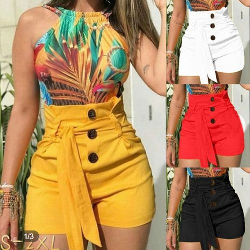 Hot Summer Women Casual High Waisted Short Mini Button Short Pants Black White Sexy Shorts Sashes