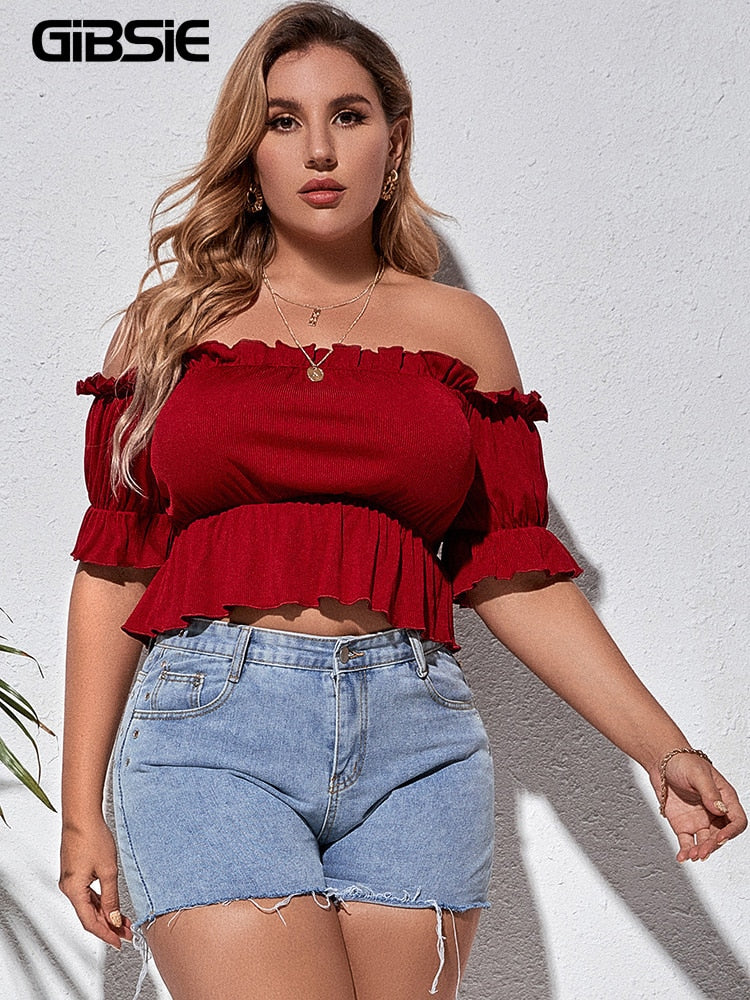 GIBSIE Plus Size Flounce Sleeve Off Shoulder Peplum Top Blouse Women Sweet Casual Summer Short Sleeve Crop Tops Female 3xl 4xl